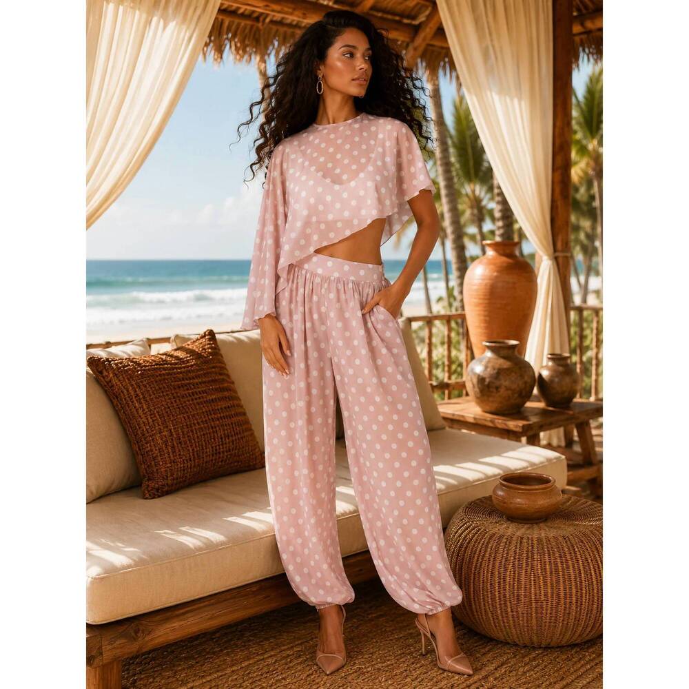 NEW SURELYMINE sweet escape polka dot two-piece pant set in pink